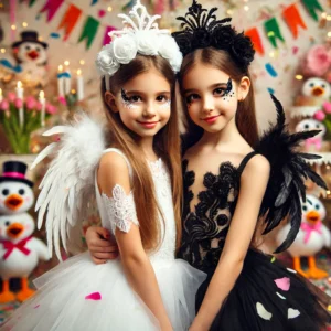 Blog 7 שתי ילדות בתחפושות תואמות בעבודת יד לפורים – אחת בתחפושת ברבור לבן והשנייה בתחפושת ברבור שחור, בחגיגה צבעונית עם קונפטי וקישוטים.